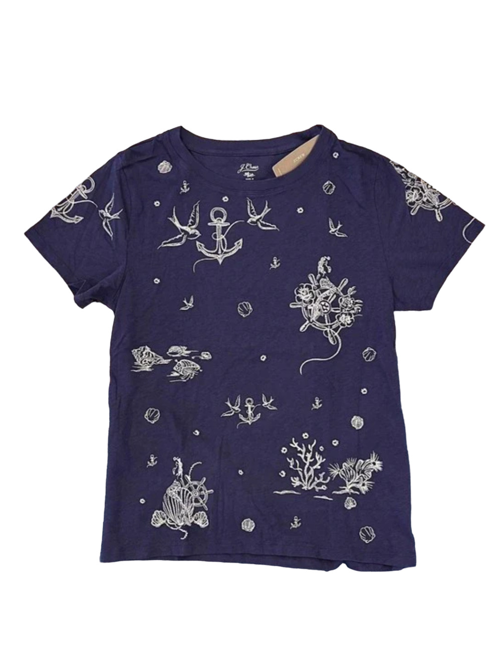 NWT J. Crew Navy/Purple Nautical Embroidered Crewneck Tee - SIZE S